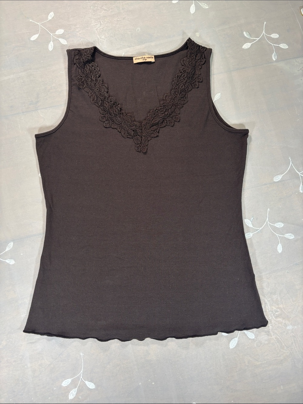 Y2K Classic Chacha Wears Brown Lace-Trim Ribbed Tank Top V-Neck Women SZ Large